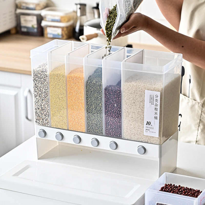 Dry Food Dispenser 6-Grid Cereal Dispensers Container Kitchen Storage Tank for Cereal, Rice, Nuts, Candy