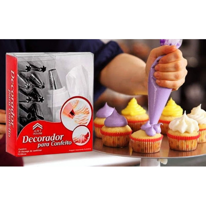 Decorcrafts 12 Piece Cake Decorating Set Frosting Icing Piping Bag Tips with Steel Nozzles. Reusable & Washable