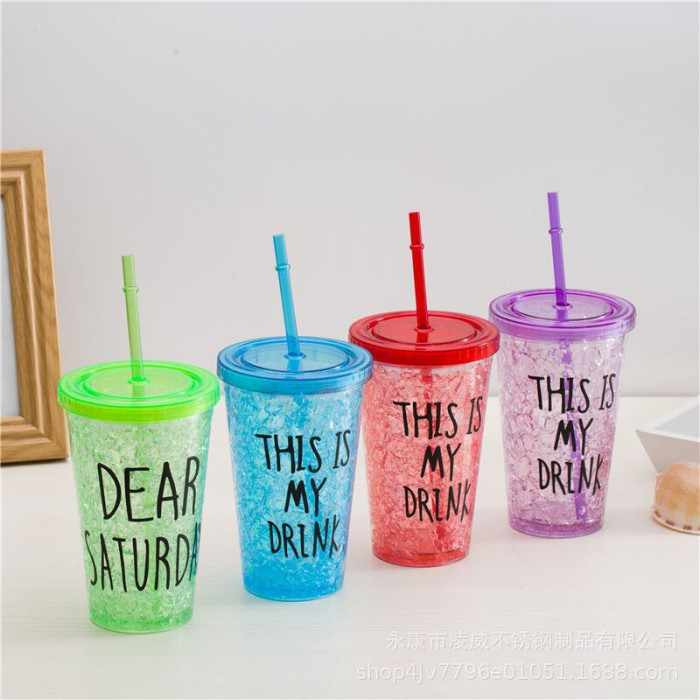 Portable Plastic Cup Tumbler Travel Cup Coffee Double Layer Reusable Smoothie with Straw Summer